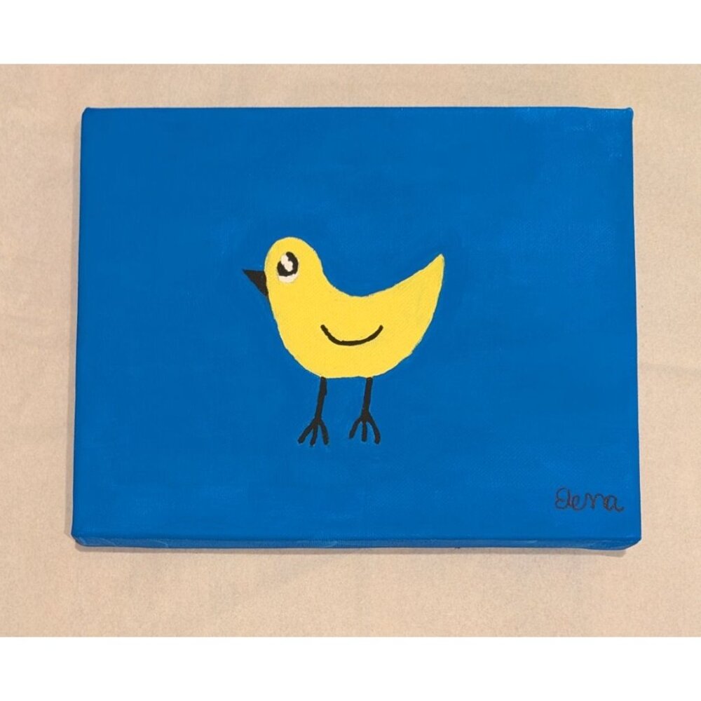 Yellow Bird Painting on Blue Canvas by Elena Mernoff 8x10